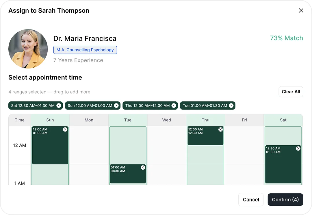 AI therapy schedule builder interface