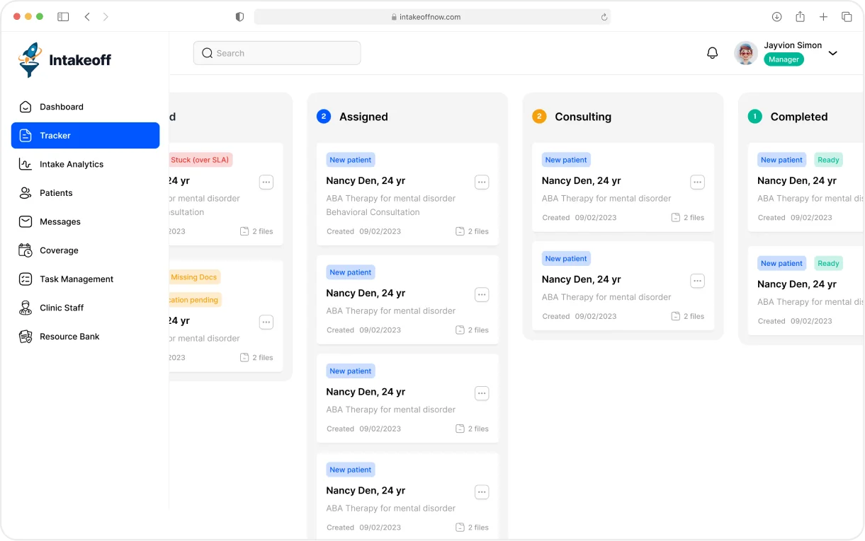 IntakeOff tracker board showing patient intake workflow
