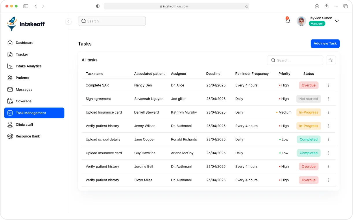 IntakeOff task management dashboard